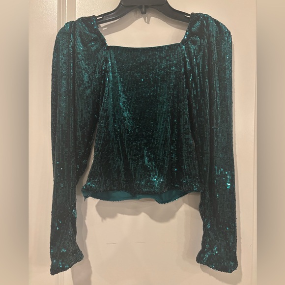 Express Sequin Sweetheart Neckline Puff Sleeve Ruched Front Top in Deep Teal, S - Picture 7 of 7